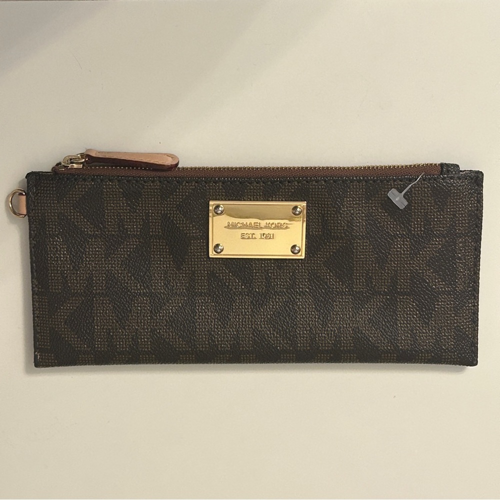 NWOT Michael Kors Brown Logo Wallet Gold card coin pouch MK Monogram preppy cute